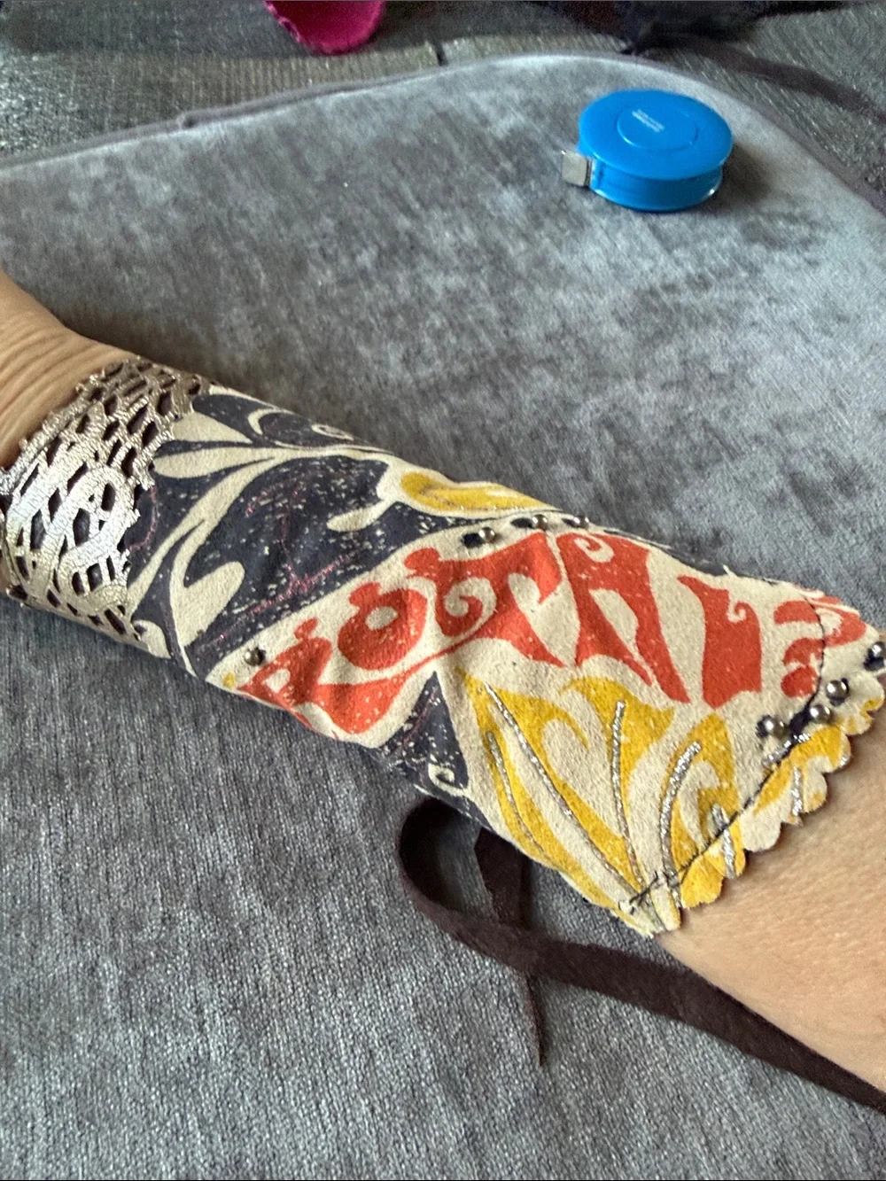 Colorful Printed Leather Wrist Cuff - Multi colour with metal looking studs .